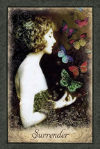 Vintage-style illustration of a woman with butterflies and the word 'Surrender' at the bottom.