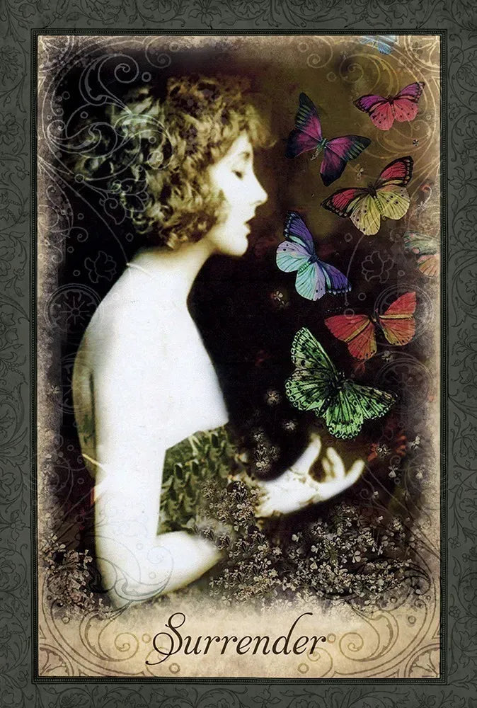 Vintage-style illustration of a woman with butterflies and the word 'Surrender' at the bottom.