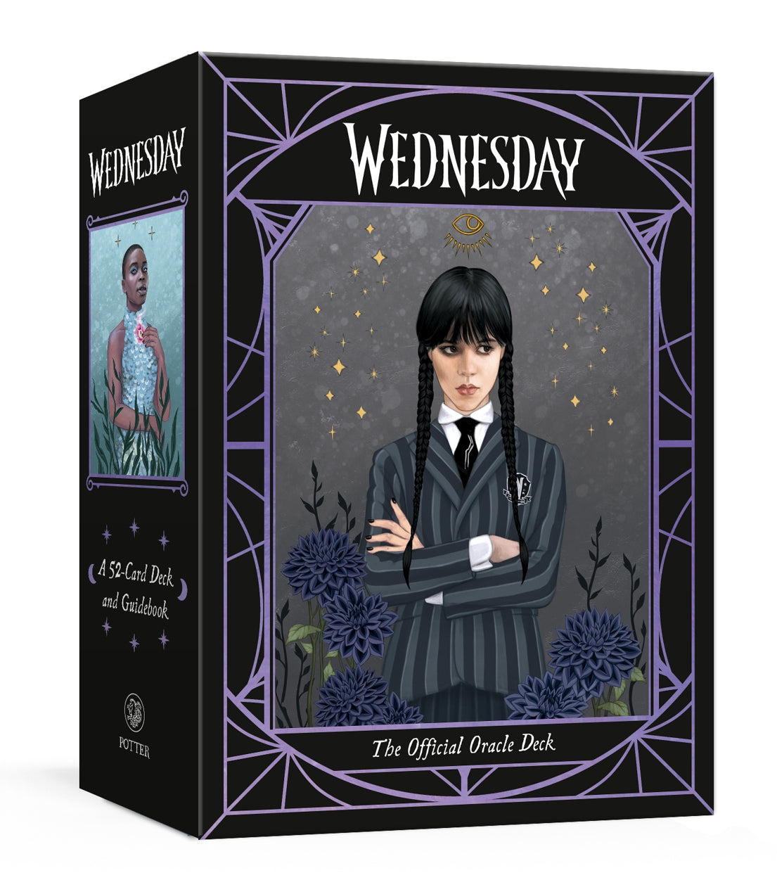 Box for 'Wednesday' Oracle Deck featuring an illustration of a character in a dark outfit with flowers.