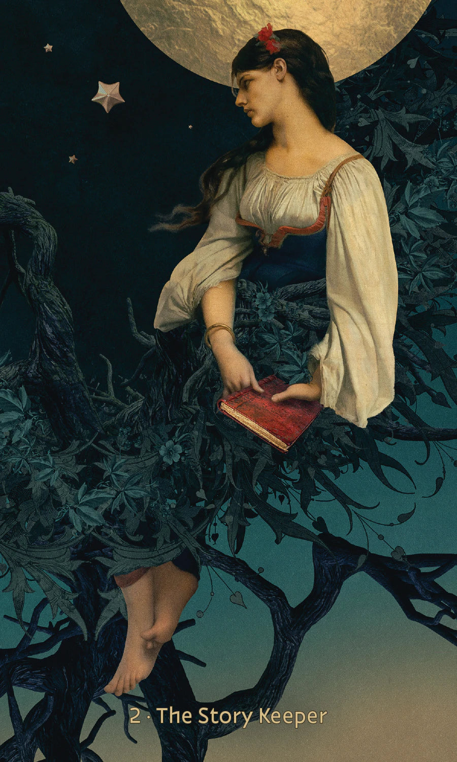 Woman sitting in a tree with a book under a moonlit sky, titled 'The Story Keeper'.
