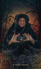 Woman in dark clothing with spider webs and a spider in an otherworldly setting
