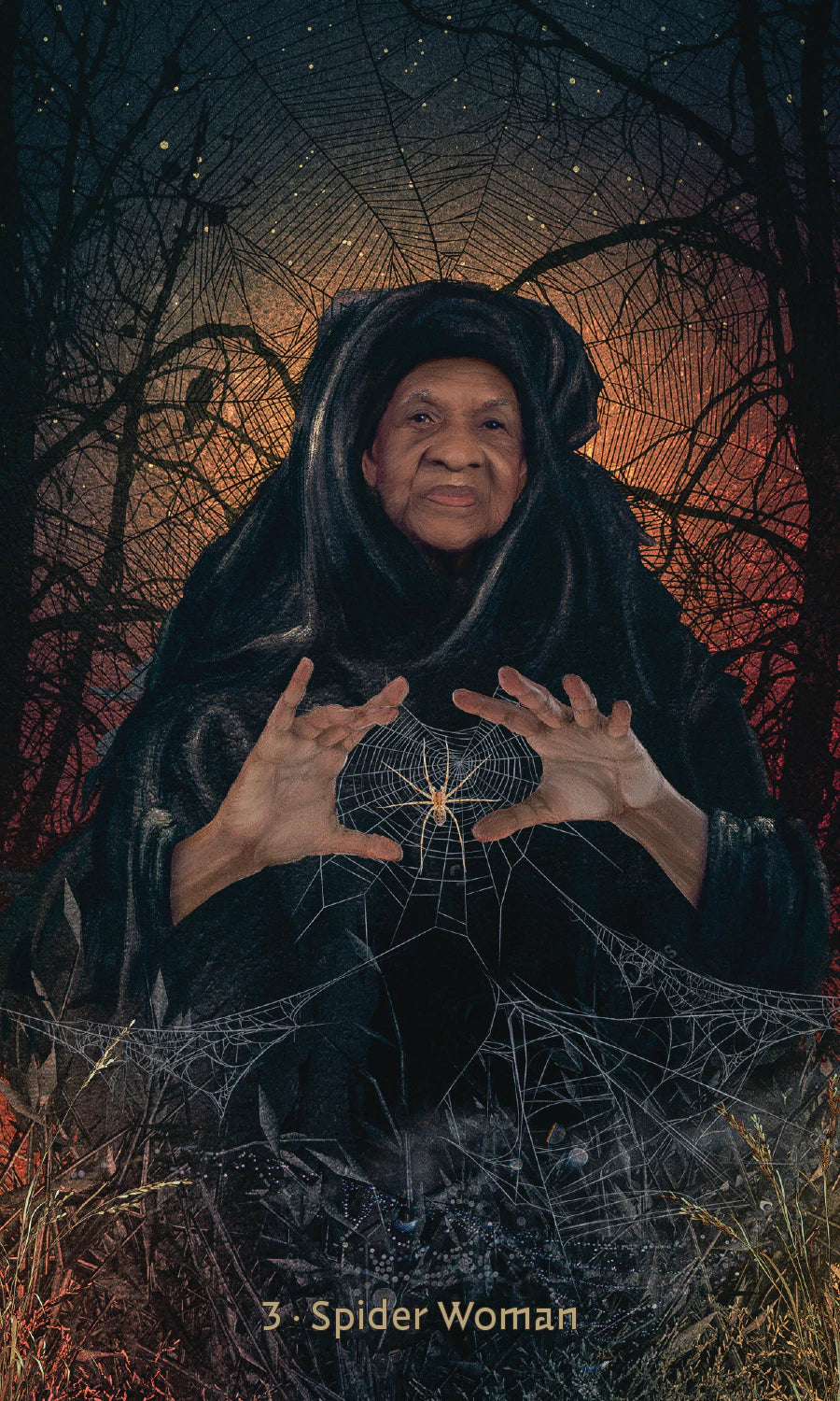 Woman in dark clothing with spider webs and a spider in an otherworldly setting