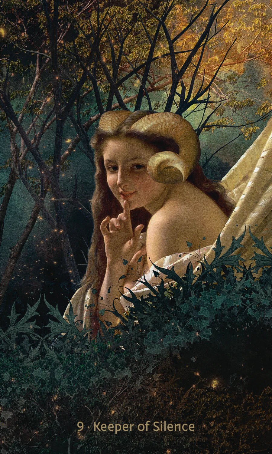 Woman with ram's horns in a forest setting, labeled 'Keeper of Silence'.