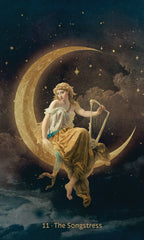Artistic depiction of a woman sitting on a crescent moon with a harp, against a starry night sky.
