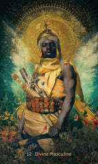 Figure in warrior attire with a sword, surrounded by nature elements and text '12 Divine Masculine'.