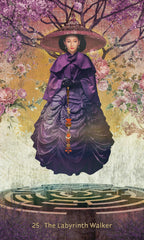 Woman in a purple Victorian dress standing in front of a labyrinth with cherry blossoms in the background