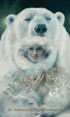 Artistic depiction of a woman embraced by a polar bear with a mystical background.
