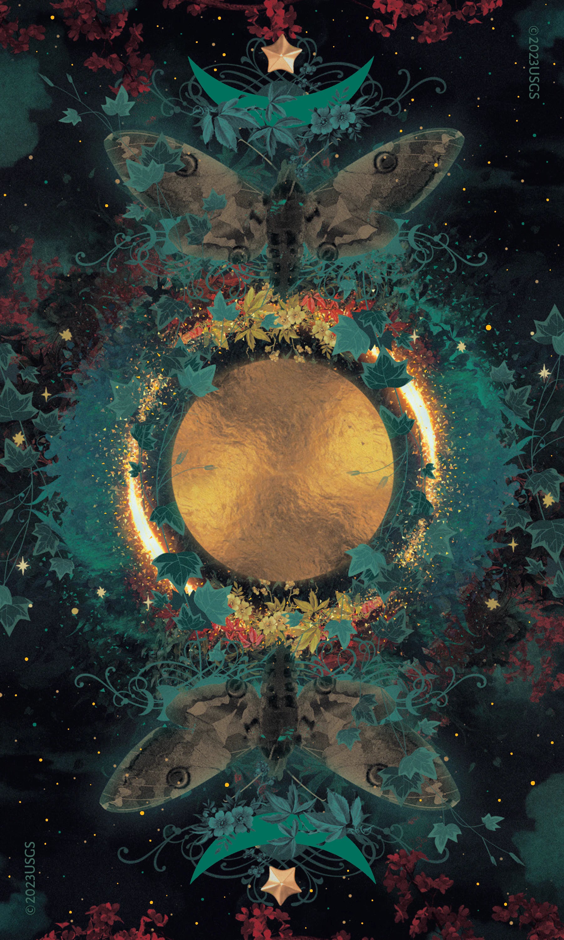 Mystical design with butterflies, moon, and flowers against a dark background