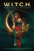 Witch Oracle Deck cover with a woman holding flowers and a glowing moon, against a dark blue background.