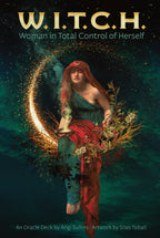 Witch Oracle Deck cover with a woman holding flowers and a glowing moon, against a dark blue background.