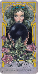 Card featuring a woman with green hair holding a black sphere, surrounded by flowers and leaves.