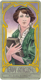 Vintage-style card featuring a woman holding a book with decorative border and text.