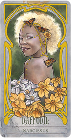 Card featuring a person with butterflies and flowers, labeled 'Daffodil Narcissus'.
