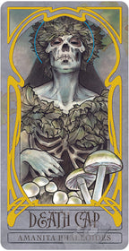 Card featuring a skeleton with a skull and leaves, surrounded by mushrooms, on a gray background.