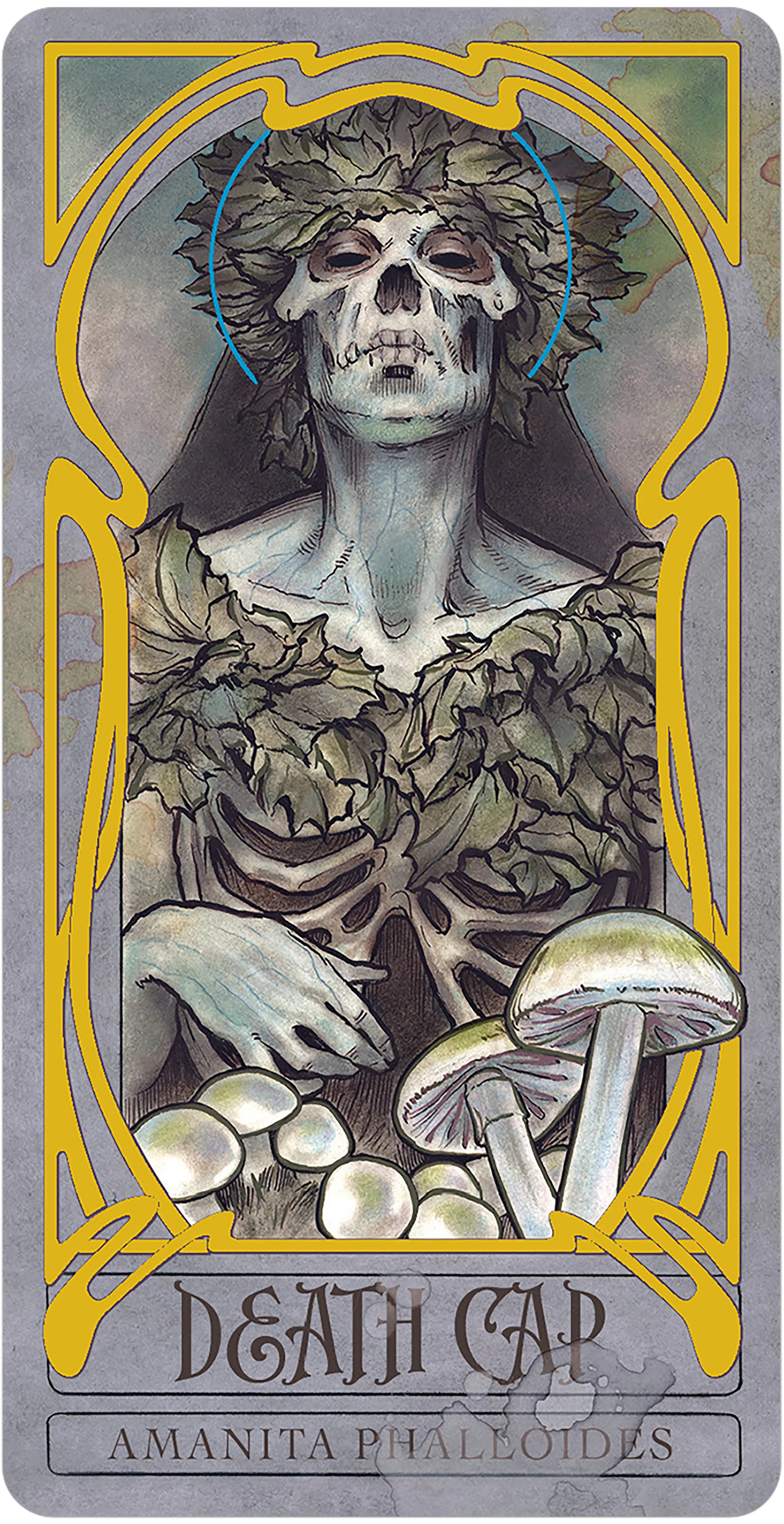 Card featuring a skeleton with a skull and leaves, surrounded by mushrooms, on a gray background.