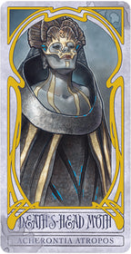 Card featuring a stylized illustration of Acherontia Atropos with decorative border