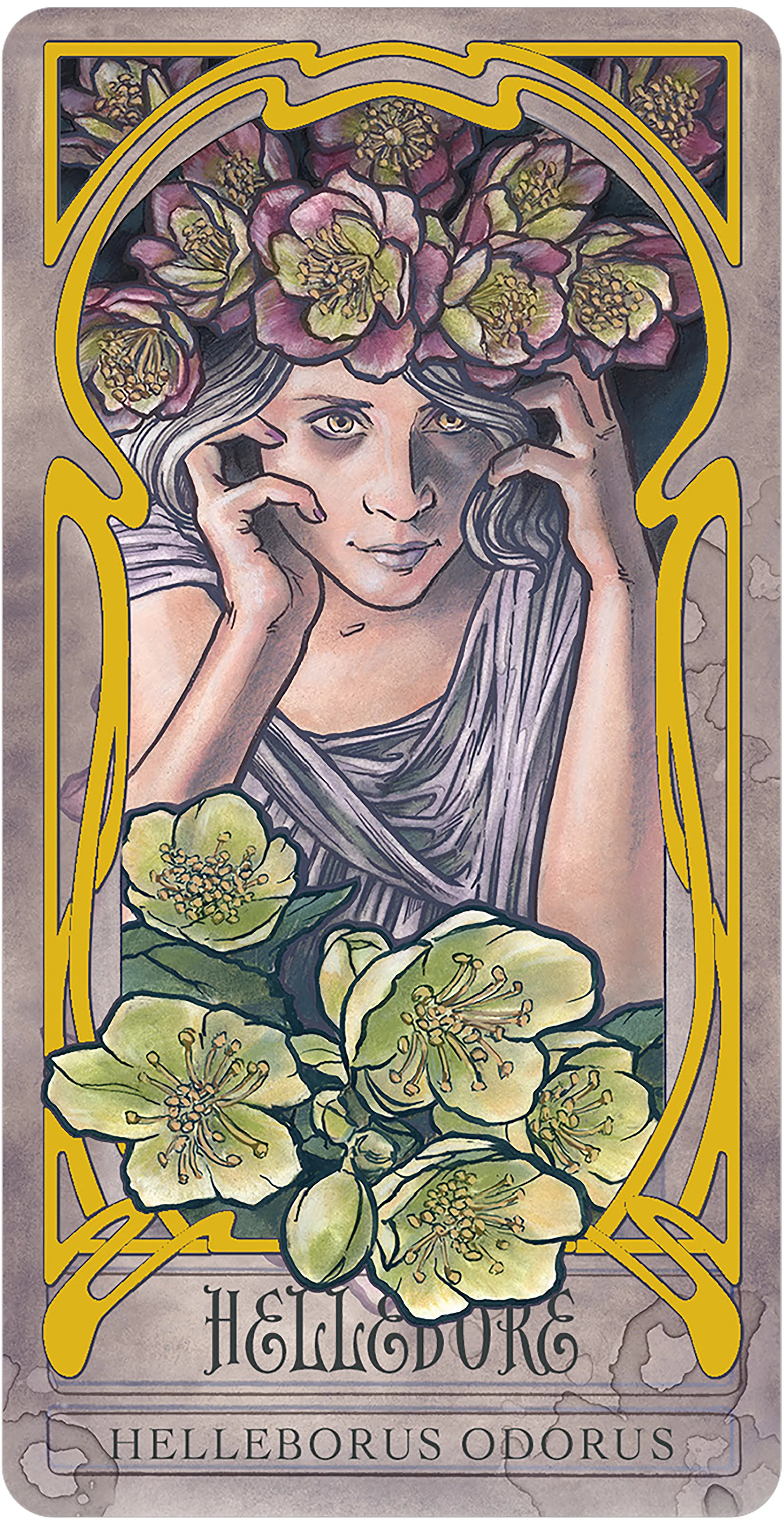 Card featuring a woman with flowers in her hair and around her, with decorative border and text.