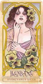 Vintage-style card featuring a woman with flowers and the title 'Henbane' at the bottom.