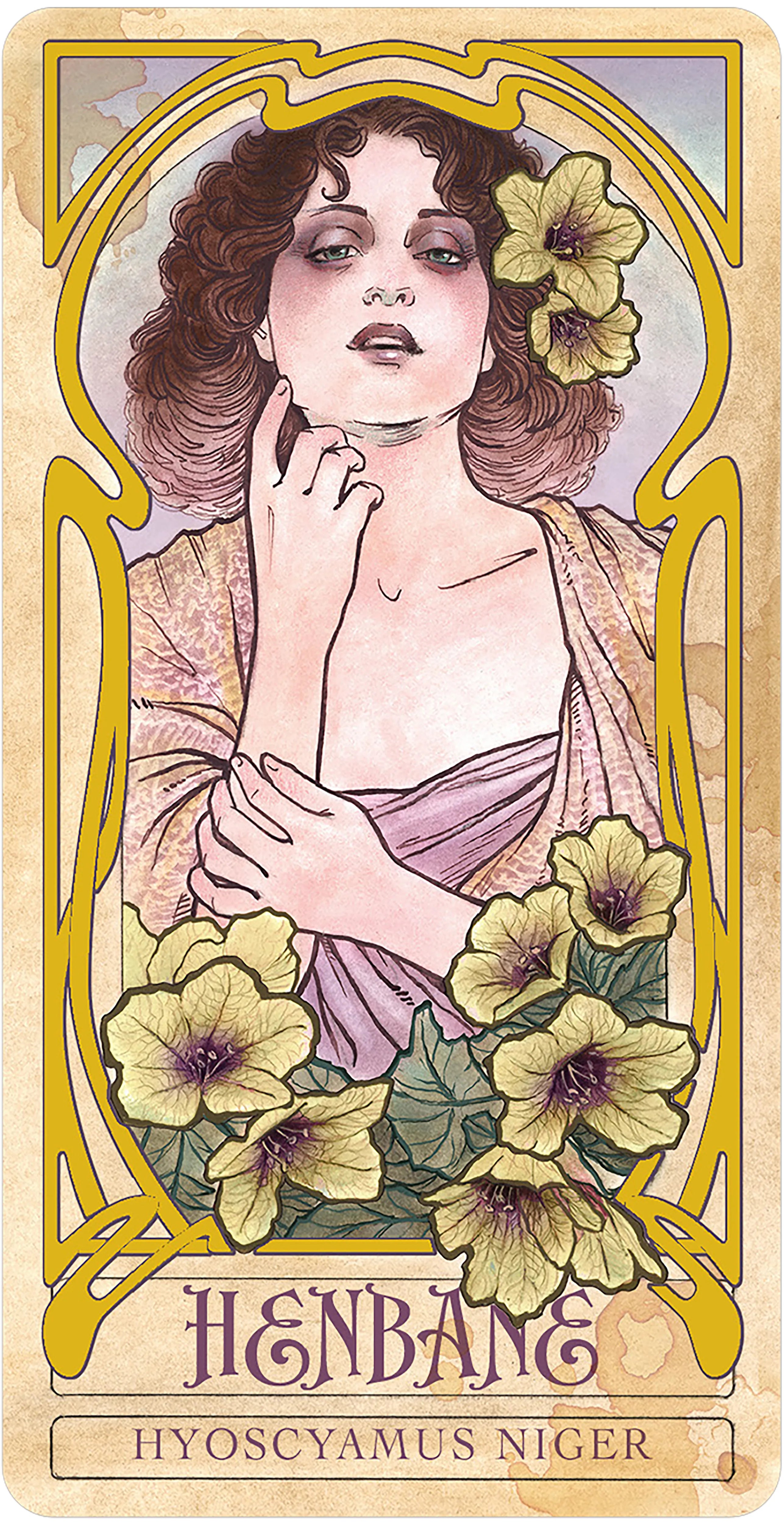 Vintage-style card featuring a woman with flowers and the title 'Henbane' at the bottom.