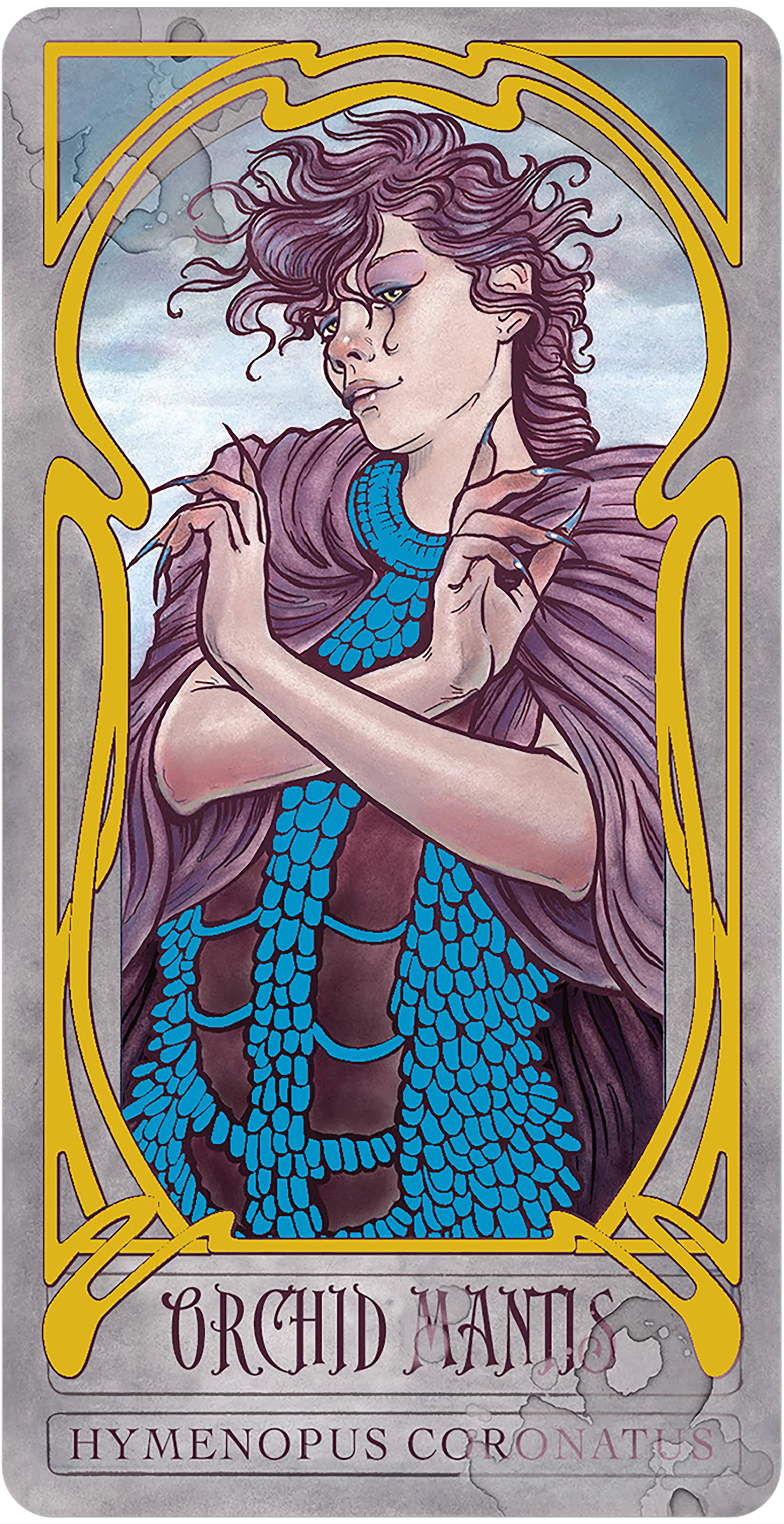 Artistic depiction of a person with purple hair and blue garment, framed by decorative borders.