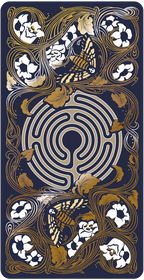 Decorative card with a labyrinth design, flowers, and birds on a dark background