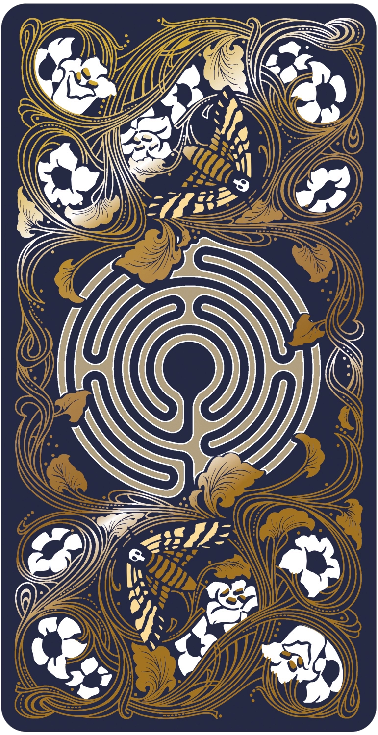 Decorative card with a labyrinth design, flowers, and birds on a dark background