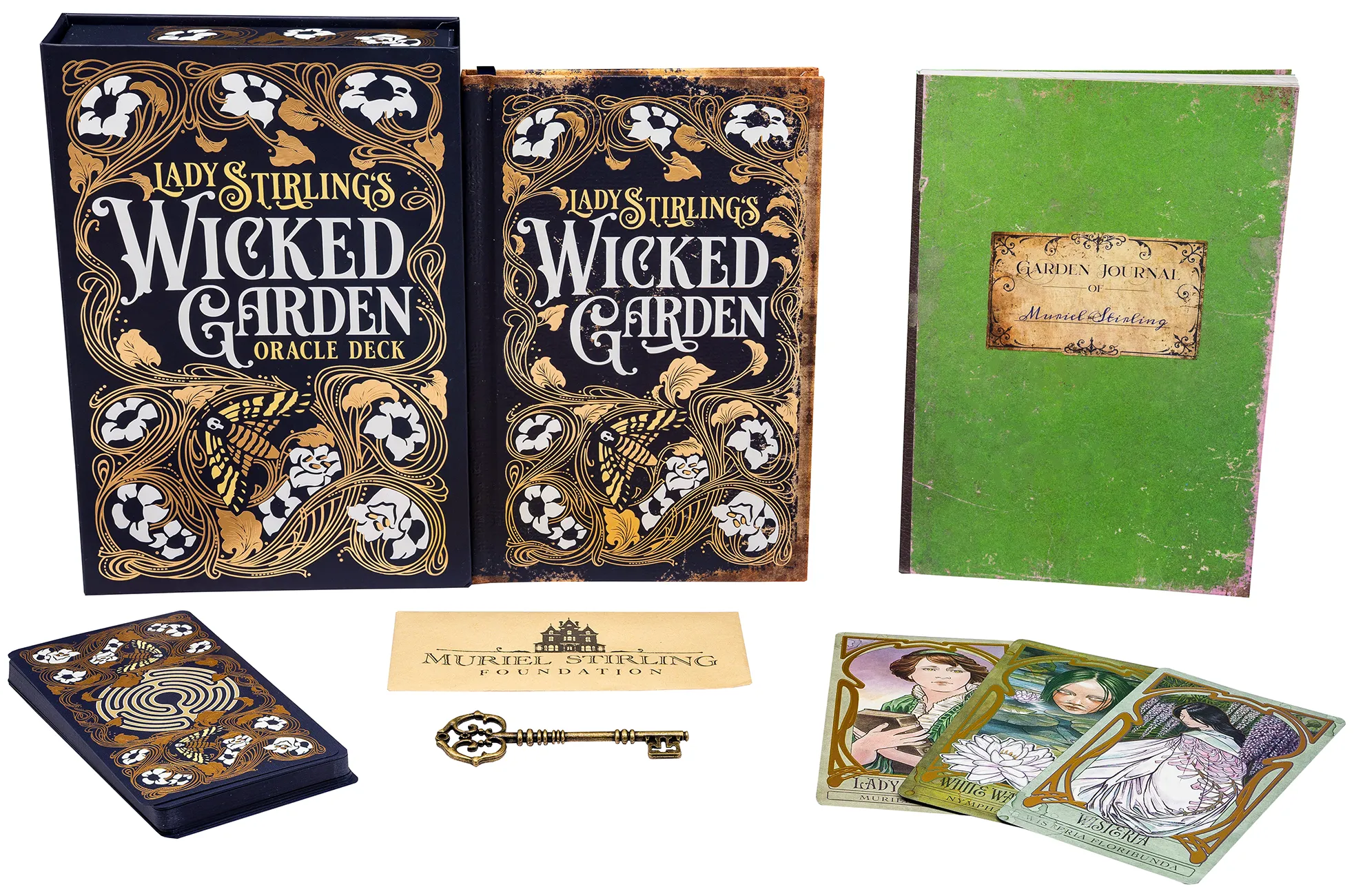 Wicked Garden oracle deck packaging with cards and key on a white background