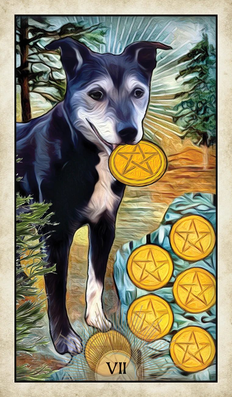 Dog with pentacle symbols on a tarot card-style background