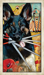Card with a dog carrying five swords in its mouth, featuring the number 7, on a colorful background.