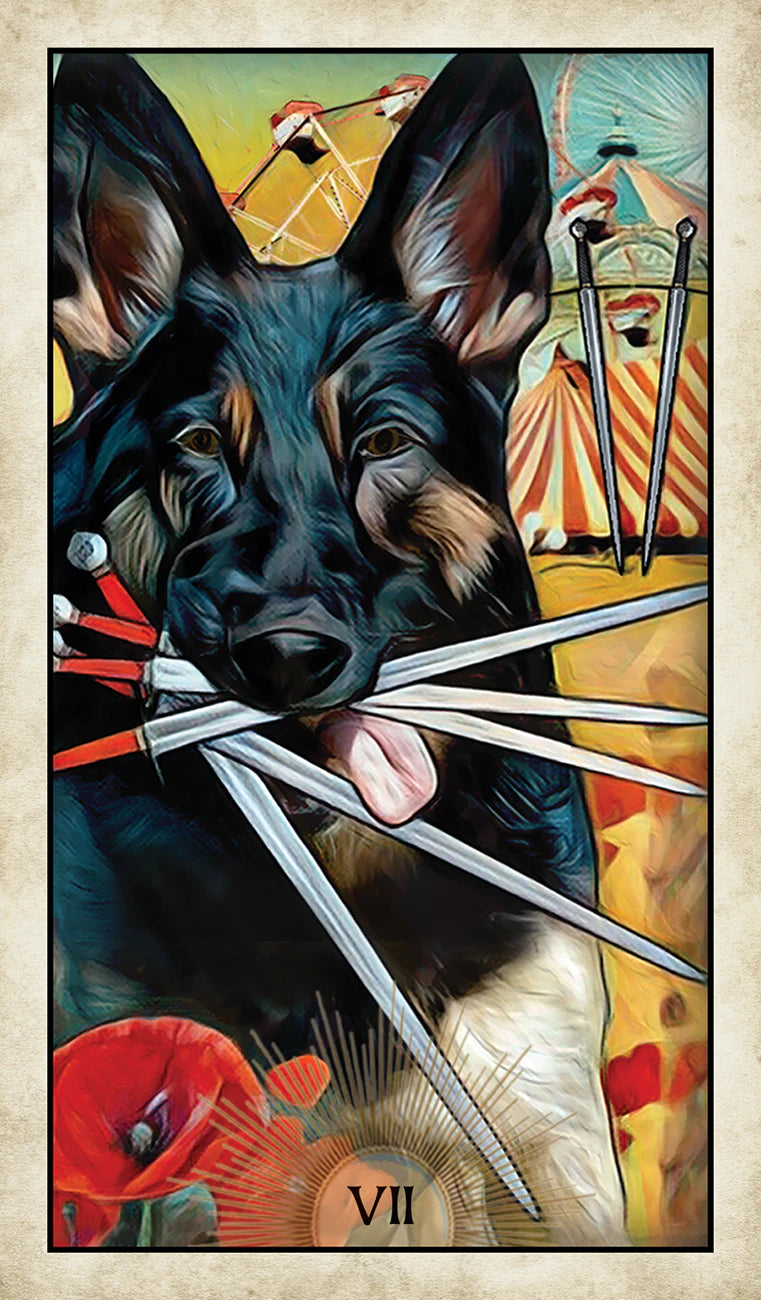 Card with a dog carrying five swords in its mouth, featuring the number 7, on a colorful background.