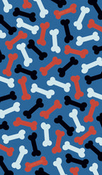 Pattern of red, white, and black dog bones on a blue background