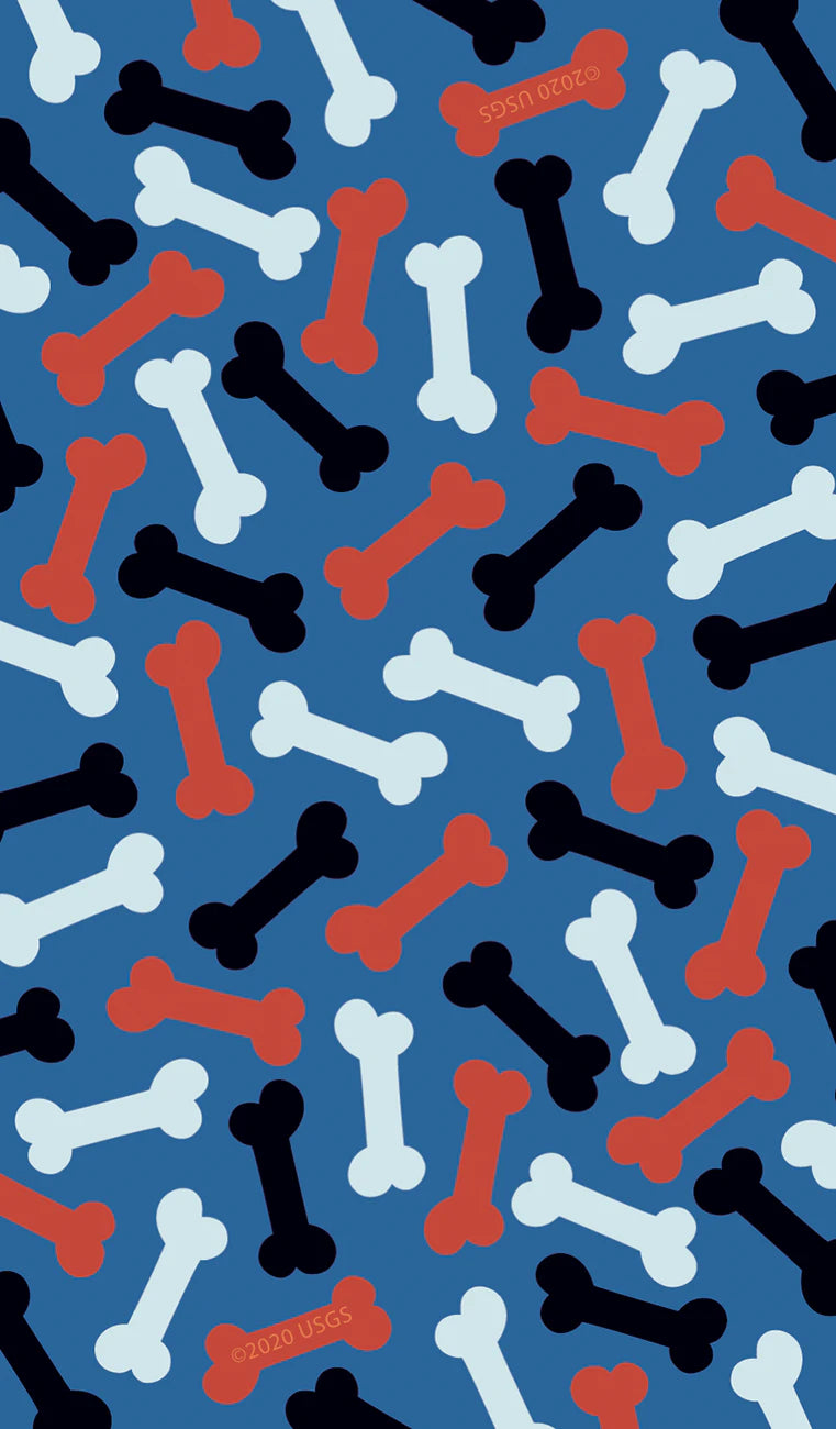 Pattern of red, white, and black dog bones on a blue background