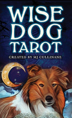 Cover of 'Wise Dog Tarot' with a stylized dog and moon design on a dark background.