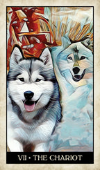 Artistic depiction of a dog with abstract elements and 'The Chariot' tarot card text.