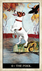 Tarot card with a dog chasing a butterfly surrounded by symbols, like a snake, crow and moon.