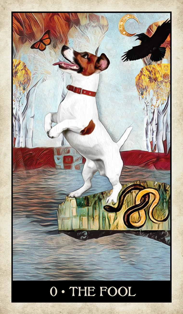 Tarot card with a dog chasing a butterfly surrounded by symbols, like a snake, crow and moon.