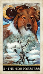 Tarot card titled 'The High Priestess' featuring a wolf with a mystical design.