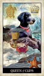 Tarot card featuring a dog with a crown, turtle, and other symbols on a mystical background.