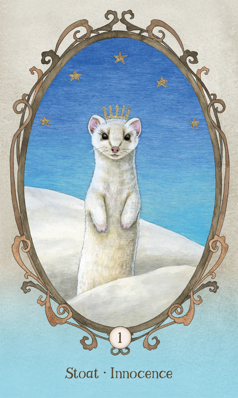 Illustration of a stoat with a crown in an ornate frame against a blue sky.