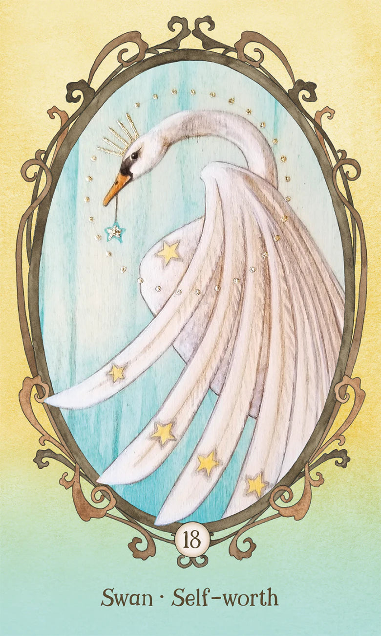 Illustration of a swan with stars in an ornate frame on a pastel background