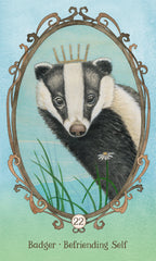 Illustration of a badger with a crown in an ornate frame on a light blue background
