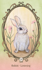 Illustration of a rabbit with flowers in an ornate frame on a pastel background