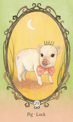 Illustration of a pig with a pink bow and crown in an ornate frame on a yellow background.