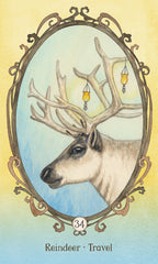 Illustration of a reindeer with decorative frame and lanterns, labeled 'Reindeer - Travel'.