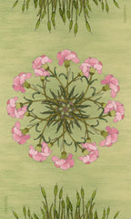 Mandala design with pink flowers and green leaves on a light green background