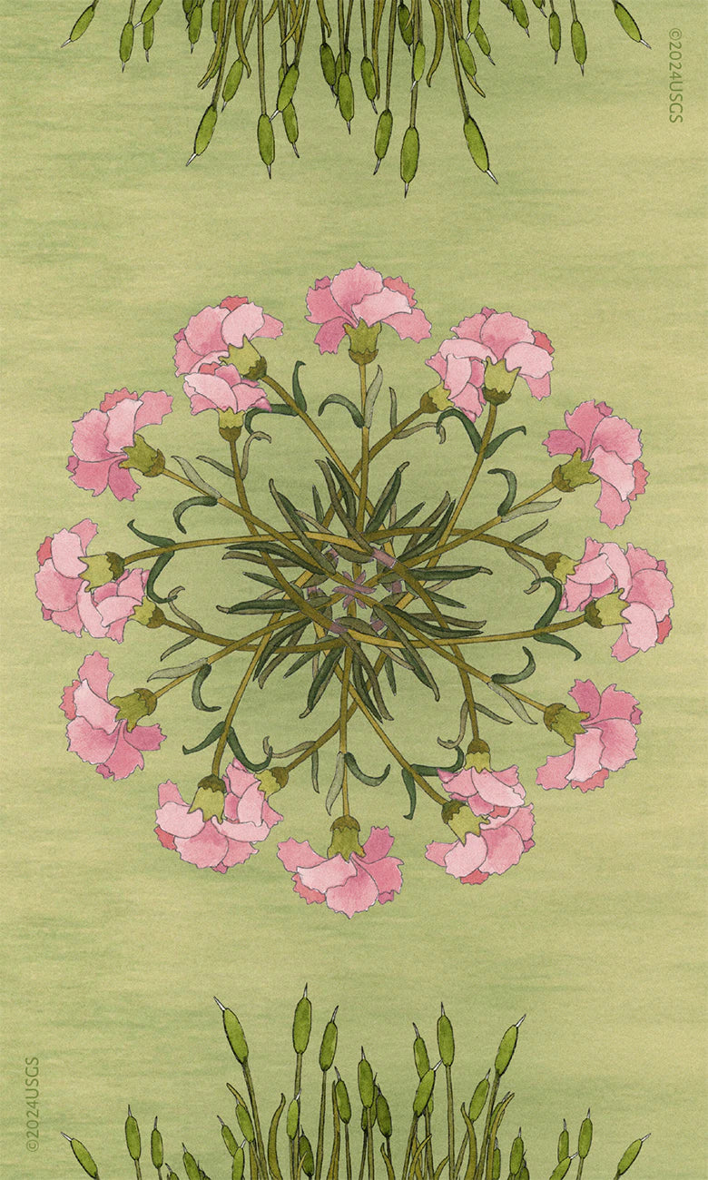 Mandala design with pink flowers and green leaves on a light green background