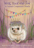 Book cover of 'Wing, Hoof and Paw' with an illustration of a hedgehog and colorful flags.