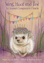 Book cover of 'Wing, Hoof and Paw' with an illustration of a hedgehog and colorful flags.