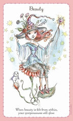 Illustration of a fairy with a bird on a pink background, featuring text about inner beauty.