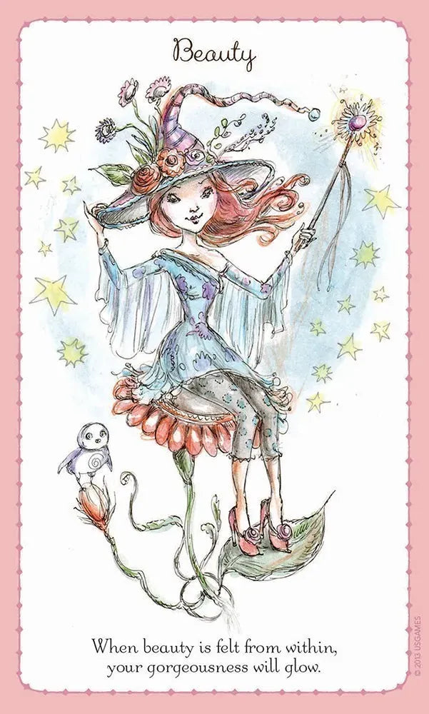 Illustration of a fairy with a bird on a pink background, featuring text about inner beauty.